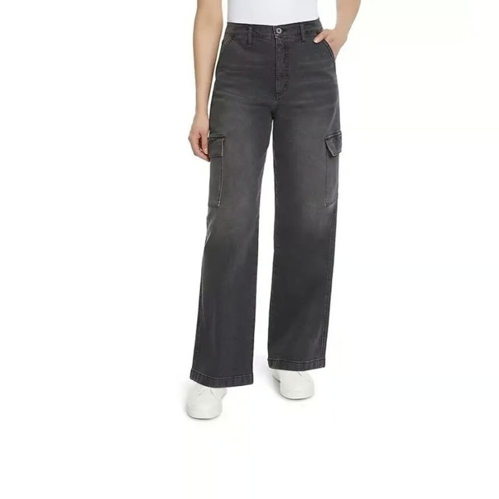 Jessica Simpson Cargo Jeans Womens 12 Washed Black Wide Leg Pockets Stretch NEW